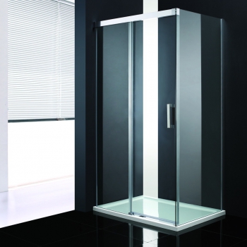 Cabine de douche accès d'angle ESG avec porte coulissante et bac à douche