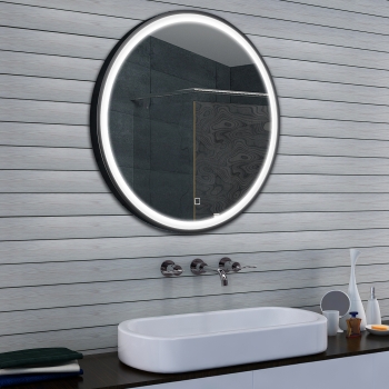Design noir mat rond miroir de salle de bain LED